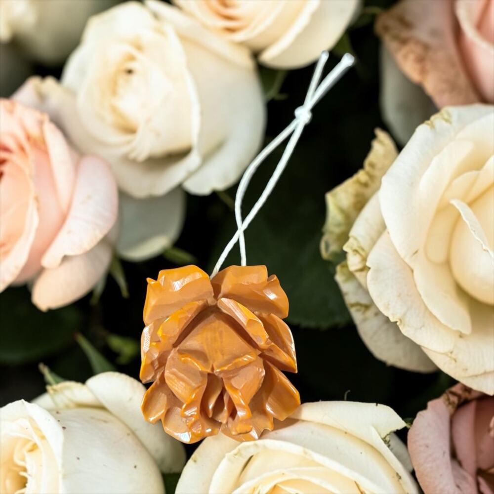 Carved Butterscotch Bakelite Rose Pendant Charm Floral Art Deco Vintage